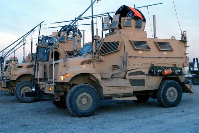 CONTINGENCY OPERATING LOCATION Q-WEST, Iraq - The gun trucks of 1st Platoon, B Company, 2nd Battalion, 198th Combined Arms out of Greenwood, Miss., assembled in the Convoy Readiness Center yard at Forward Operating Base Warrior Nov. 25.  Lt. Col....