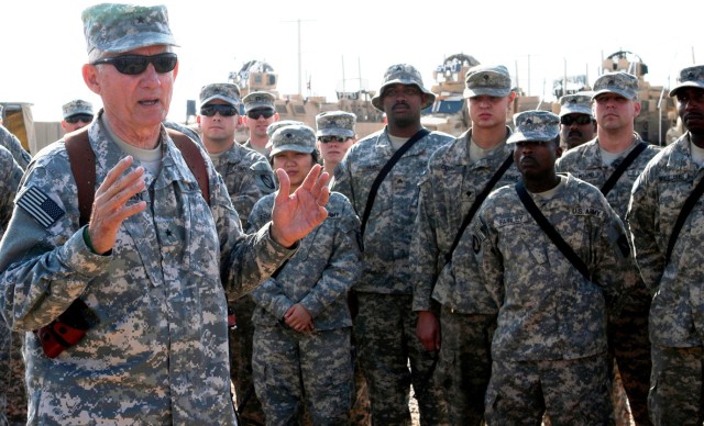CONTINGENCY OPERATING LOCATION Q-WEST, Iraq - Brig. Gen. William L. Freeman, Jr., the adjutant general of the Mississippi National Guard, speaks with Soldiers of G Company, 106th Brigade Support Battalion, headquartered in Louisville, Miss, and attac...