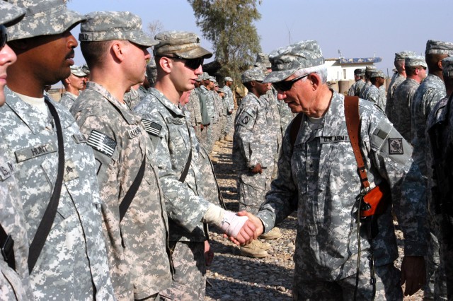 CONTINGENCY OPERATING LOCATION Q-WEST, Iraq - Brig. Gen. William L. Freeman, Jr., the adjutant general of the Mississippi National Guard, greets Soldiers of G Company, 106th Brigade Support Battalion, headquartered in Louisville, Miss, and attached t...