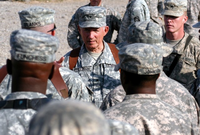 CONTINGENCY OPERATING LOCATION Q-WEST, Iraq - Brig. Gen. William L. Freeman, Jr., the adjutant general of the Mississippi National Guard, speaks with Soldiers of A Company, 106th Brigade Support Battalion, headquartered in Magee, Miss, and attached t...