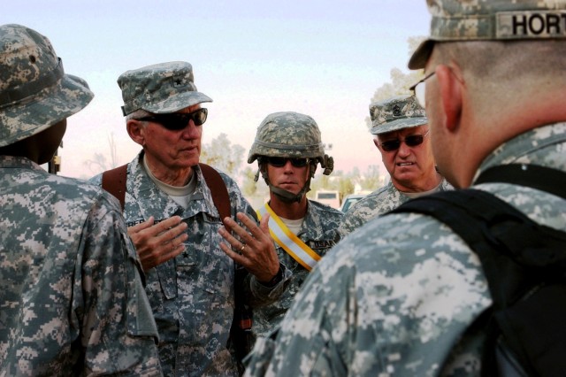 CONTINGENCY OPERATING LOCATION Q-WEST, Iraq - Brig. Gen. William L. Freeman, Jr., the adjutant general of the Mississippi National Guard, speaks with Soldiers of C Company, 2nd Battalion, 198th Combined Arms, out of Oxford, Miss., during a Nov. 26 vi...