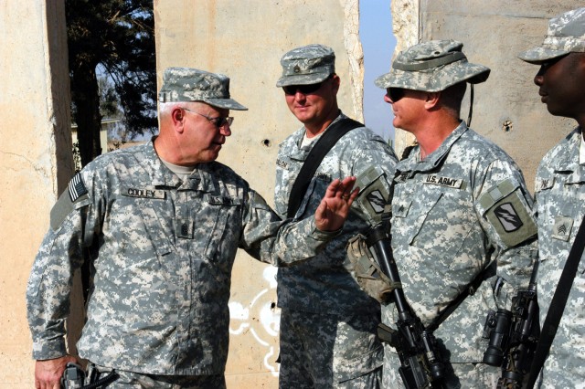 CONTINGENCY OPERATING LOCATION Q-WEST, Iraq - Command Sgt. Maj. Donald L. Cooley, the senior noncommissioned officer of the Mississippi National Guard, speaks with Soldiers of B Company, 2nd Battalion, 198th Combined Arms, out of Greenwood, Miss., du...