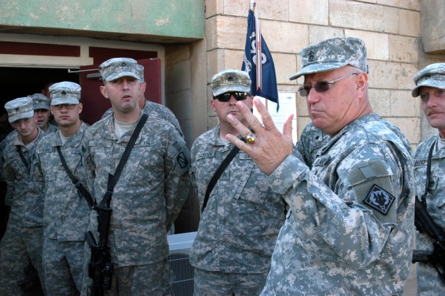CONTINGENCY OPERATING LOCATION Q-WEST, Iraq - Command Sgt. Maj. Donald L. Cooley, the senior noncommissioned officer of the Mississippi National Guard, speaks with Soldiers of A Company, 2nd Battalion, 198th Combined Arms, out of Hernando, Miss., dur...