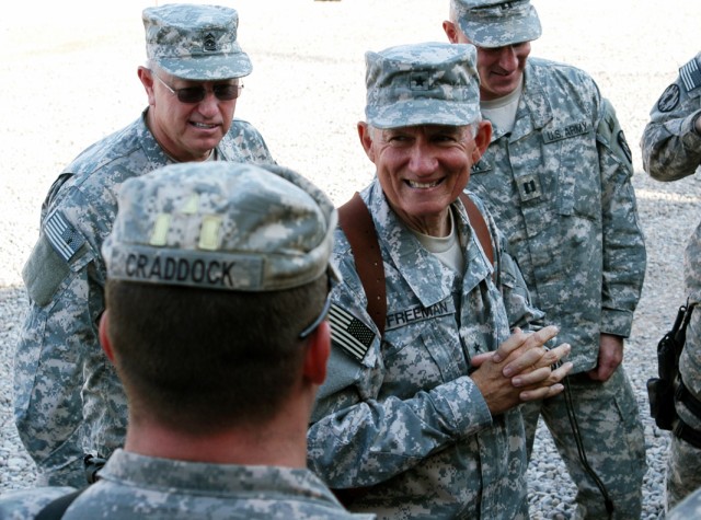 CONTINGENCY OPERATING LOCATION Q-WEST, Iraq - Brig. Gen. William L. Freeman, Jr. (center), the adjutant general of the Mississippi National Guard speaks with Soldiers of A Company, 2nd Battalion, 198th Combined Arms, out of Hernando, Miss., during a ...