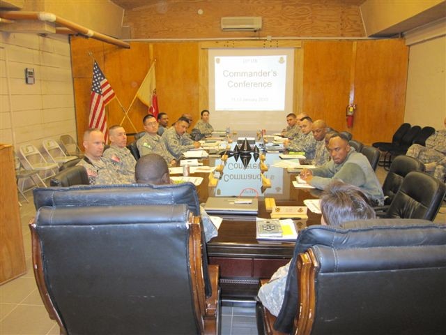 15th Special Troops Battalion, 15th Sustainment Brigade, 13th Sustainment Command (Expeditionary), company and detachment commanders listen to opening remarks during the battalion commander's conference Jan. 11 at Contingency Operating Location Q-Wes...