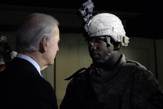 Vice President Joe Biden speaks with Infantry Soldier