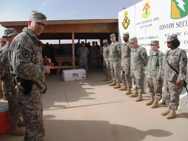CONTINGENCY OPERATING LOCATION Q-WEST, Iraq - Lt. Col. Kerry Goodman, a Meridian, Miss., resident and commander of 2nd Battalion, 198th Combined Arms, out of Senatobia, Miss., addresses company safety officers and non-commissioned officers during...