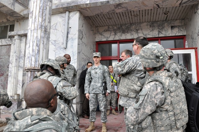 Capt. Noah Segal, a New York native and commander of Logistical Task Force 15, 15th Special Troops Battalion, 15th Sustainment Brigade, 13th Sustainment Command (Expeditionary), informs visiting "Provider" and "Wagonmaster" leaders of the day's...