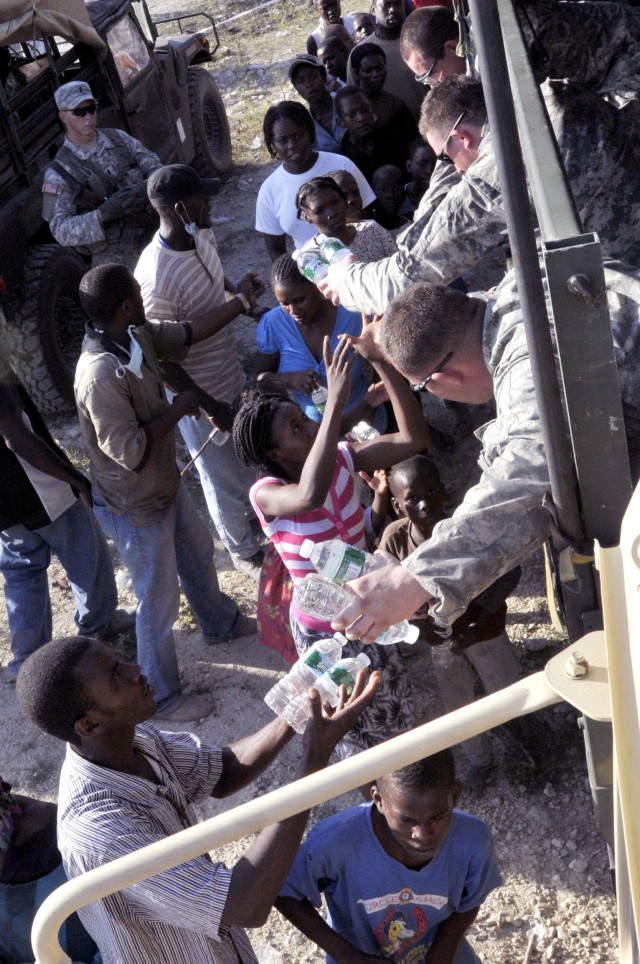 Passing out food and water