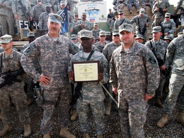 CONTINGENCY OPERATING LOCATION Q-WEST, Iraq - Pfc. Quintavis B. Byrd (center), an entry control point sentry and native of Tutwiler, Miss., holds a Command Sergeant Major award, flanked by 1st Sgt. John L. Beasley (left), a Hernando, Miss., native, a...