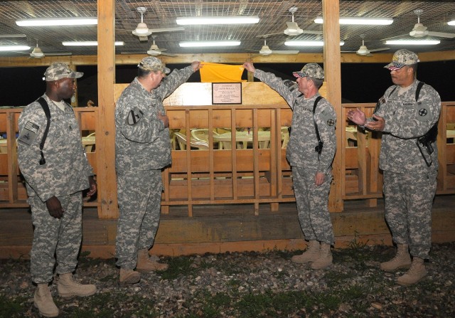 (From left to right) Command Sgt. Maj. Nathaniel Bartee Sr., the senior noncommissioned officer for the 15th Sustainment Brigade; Col. Larry Phelps, the commander of the 15th Sust. Bde.; Brig. Gen. Paul Wentz, the commander of the 13th Sustainment...
