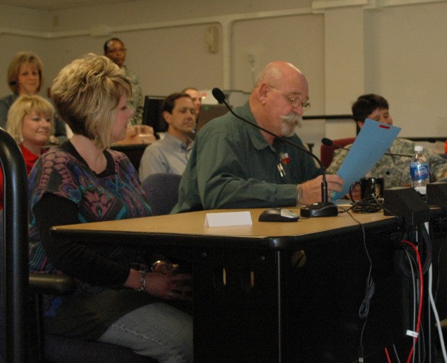 FORT HOOD, Texas- Jim Covington, the mayor of Belton, Texas, reads a proclamation to Col. Larry Phelps, commander of the 15th Sust. Bde., 13th ESC and his command team during a video teleconference at the brigade's headquarters building, here Jan....