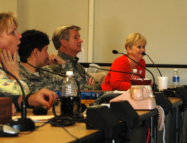 FORT HOOD, Texas- Lisa Phelps, wife of Col.  Larry Phelps, the commander of the 15th Sust. Bde., 13th ESC speaks to Phelps and his command team during a video teleconference at the brigade's headquarters building, here Jan. 22. (U.S. Army photo by...