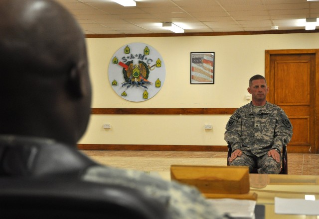 Sgt. Scott Todd, with the 3666th Maintenance Company, 541st Combat Sustainment Support Battalion, 15th Sustainment Brigade, 13th Sustainment Command (Expeditionary), answers questions before the Sergeant Audie Murphy Board Feb. 5 at Contingency Opera...