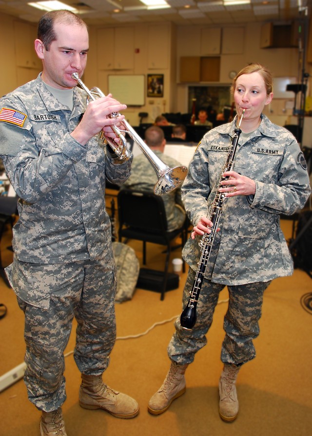 Two Soldier-musicians rehearse for &#039;Quiet City&#039; solos