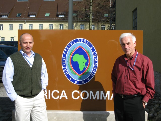 (From left) Art Kolodziejski, Environmental Security Branch chief within the Engineering Division of AFRICOM's Operations and Logistics directorate, stands with Robert Pace, USACE Strategic Water Resources Planner to AFRICOM, in front of the U.S....