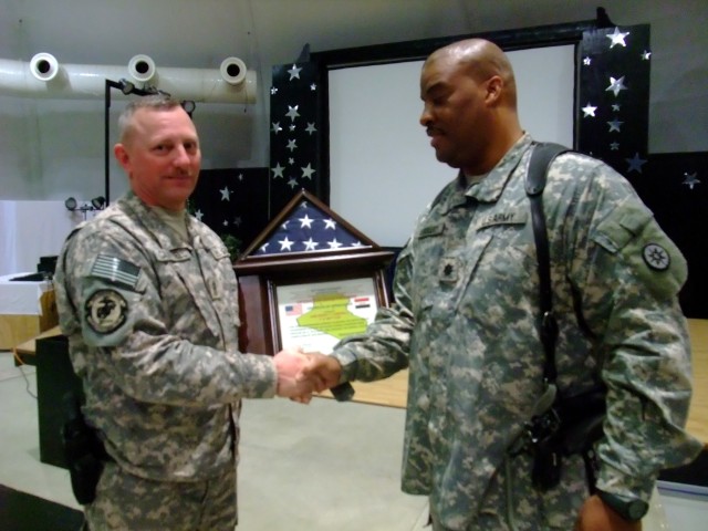 CONTINGENCY OPERATING LOCATION Q-WEST, Iraq - Command Sgt. Maj. Perry Campbell (left), a Senatobia, Miss., resident and senior enlisted Soldier of the Mississippi Army National Guard's 2nd Battalion, 198th Combined Arms, 155th Brigade Combat Team...