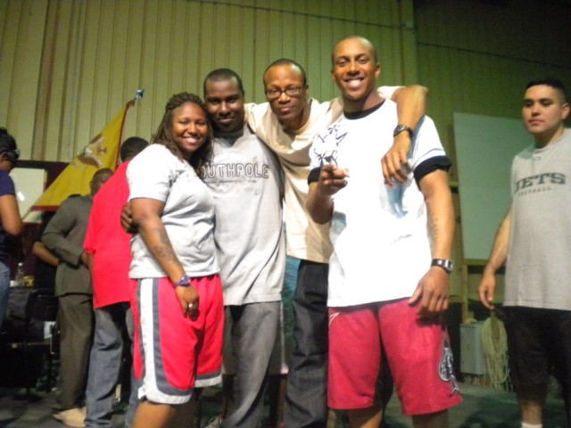 After the playing of the Silver Trumpets, the four Soldiers from the 498th, who participated in the play, take time to snap a photo. From left to right: Spc. Keiana Hartzog, a dining facility cook from Prentice, Miss., Cpl. Chaz Robinson, Staff Sgt. ...