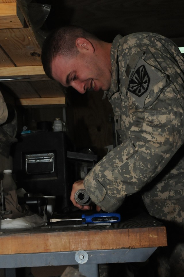 Spc. Anthony J. Makar, a small arms and artillery repairer with the 3666th Support Maintenance Company's Armament Shop, 541st Combat Sustainment Support Battalion, 15th Sustainment Brigade, 13th Sustainment Command (Expeditionary) and a Norfolk, Va.,...