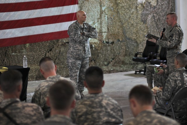 CAMP TAJI, Iraq - Capt. Adam Reeves, company commander, Company B, 1st Battalion, 227th Aviation Regiment, 1st Air Cavalry Brigade, 1st Cavalry Division, U.S. Division-Center, asks a question of Gen. Ray Odierno, from Rockaway, N.J., commanding gener...
