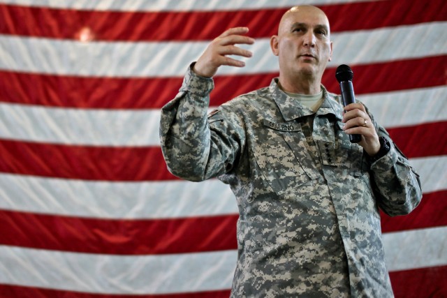 CAMP TAJI, Iraq - Gen. Ray Odierno, from Rockaway, N.J., commanding general, U.S. Forces-Iraq, speaks to leadership from the 1st Air Cavalry Brigade, 1st Cavalry Division, U.S. Division-Center, during a visit, March 10. "We've learned a lot about our...
