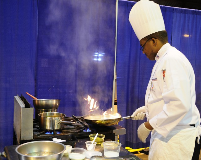Army Reserve Sgt. Patrick Alveranga competes in the Contemporary Category event at Army Culinary Arts Competition