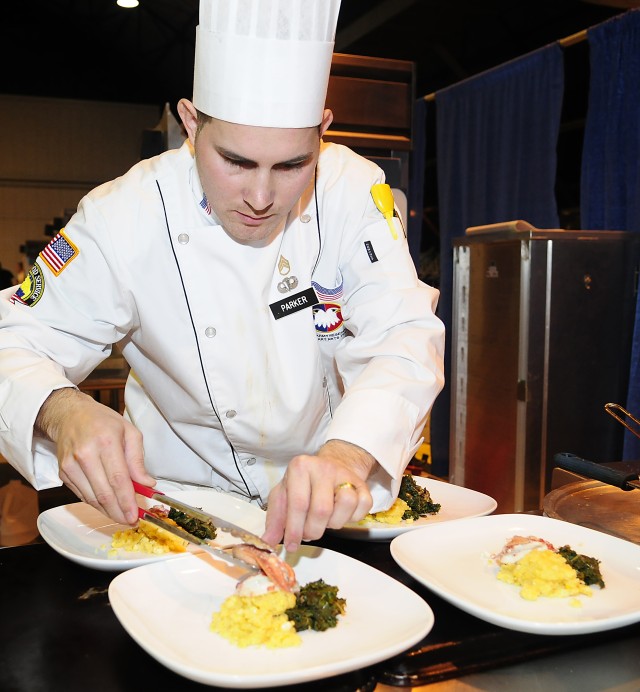 Army Reserve Staff Sgt. Joseph Parker competes in the contemporary category at Army Culinary Arts Competition