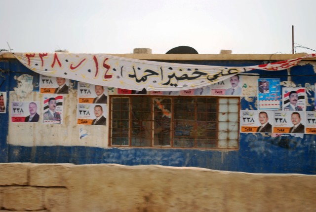 CONTINGENCY OPERATING LOCATION Q-WEST, Iraq - With all the election posters on display in the town of Al-Qayyarah, patrolling Soldiers of C Company, 1st Squadron, 278th Armored Cavalry Regiment of the Tennessee Army National Guard headquartered in He...