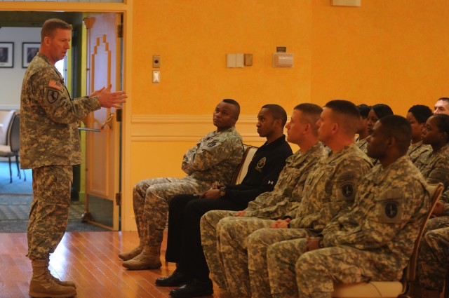 Sgt. Maj. of the Army Kenneth O. Preston, speaks to members of Audie Murphy Club