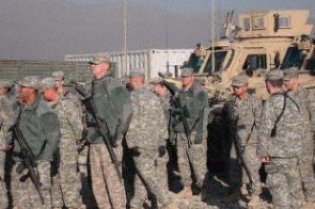 484th Joint Movement Control Battalion assemble for a promotion ceremony in Kandahar, Afghanistan