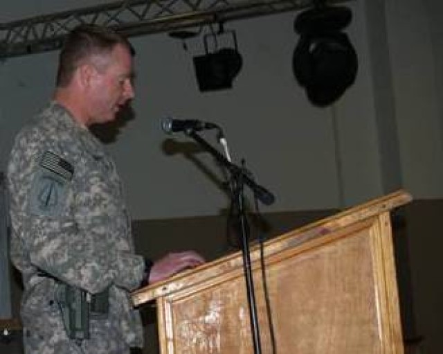 Lt. Col. Christopher Mohan, the 80th Ordnance Battalion commander and Carthage, N.C., native, thanks the Soldiers of 910th Quartermaster Company for a job well done during their end of tour awards ceremony Feb. 22 at Joint Base Balad, Iraq. (Courtesy...