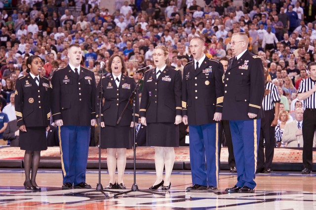Soldiers sing anthem at Final Four game