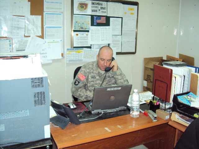 CAMP LIBERTY, IRAQ- Sgt. Timothy Smith of the 812th Quartermaster Company, 260th Combat Sustainment Support Battalion, 15th Sustainment Brigade, and a native of Corpus Christi, Texas, works with a customer contractor picking up water from the...