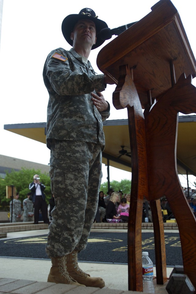 FORT HOOD, Texas—Col. Douglas Crissman, the new commander for 3rd Brigade Combat Team, 1st Cavalry Division, presents a speech to the attendees of the unit’s change of command ceremony on Cooper Field, April 16. Crissman said that he looked forward t...