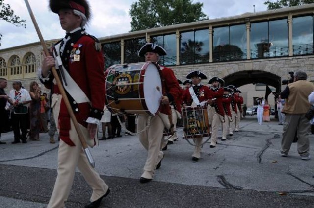 FORT SAM HOUSTON, Texas - The U.S. Army Old Guard Fife and Drum Corps marches into U.S. Army North's historic Quadrangle during the Army North Commanding General's reception April 18, 2010. Their performance served as one of the highlights of the...