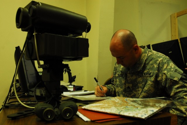 FORT HOOD, Texas-Sgt. Matthew Spiller, from Kalispell, Mont., a forward observer with 2nd Brigade Combat Team, 1st Cavalry Division, plots coordinates during a joint fires observer recertification course here, April 22. Spiller was initially JFO...