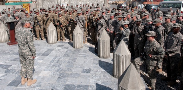Chief of Staff of the Army, Gen. George W. Casey Jr., addresses Soldiers with Task Force Mountain Warrior at Forward Operating Base Fenty, Afghanistan, Apr. 29, 2010.  Casey stressed the importance of the mission and thanked the Soldiers for their se...