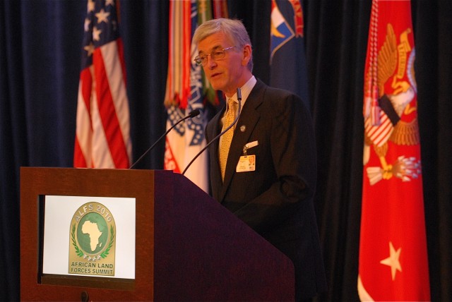 Secretary of the Army John M. McHugh speaks to delegates and staff during African Land Forces Summit closing ceremony, May 14