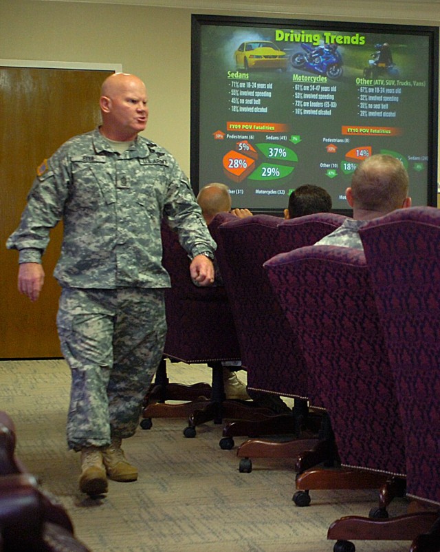 FORT HOOD, Texas - Command Sgt. Maj. Michael Eyer, of the U.S. Army Combat Readiness/Support Center, briefs the senior noncommissioned officers of the 1st Cavalry Division, at the division's headquarters, May 14, about Army fatality numbers since the...