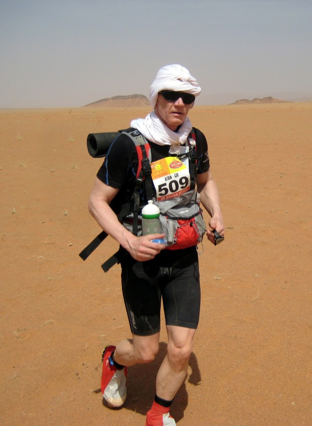 Achim Knacksterdt, chief of the Technical Engineering Section at the U.S. Army Corps of Engineers Europe District, runs the third stage of the 25th annual Marathon Des Sables April 7, 2010. The race took Knacksterdt through the Sahara Desert,...