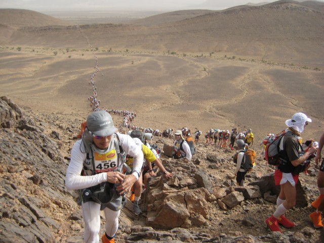 Hundreds of runners race through the Sahara Desert's mountains and valleys during the second stage of the 25th annual Marathon Des Sables April 5, 2010. Achim Knacksterdt, chief of the Technical Engineering Section at the U.S. Army Corps of...