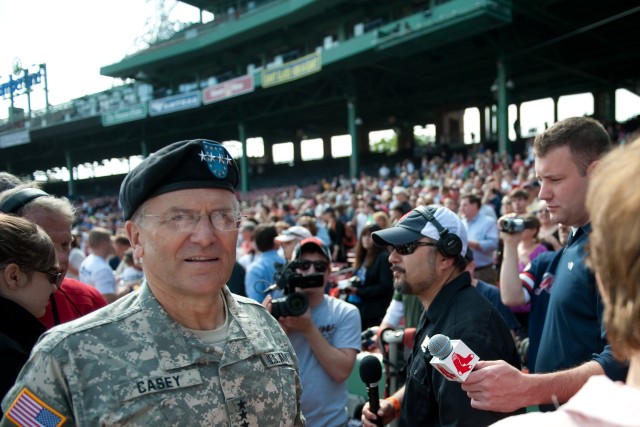 Chief of Staff of the Army, Gen. George W. Casey Jr., answers from the media at the first annual Run to Home Base 9K run in Boston, Mass., May 23, 2010.  Over 2,000 runners ran and raised 2.4 million dollars to support the Home Base program that help...