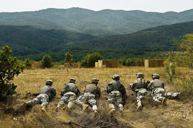 U.S. Army Soldiers conduct a Military Operations Urban Terrain training exercise under the Joint Task Force-East in the Novo Selo Training Area in Bulgaria.