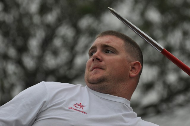 Senior Airman Colton Read aims a javelin