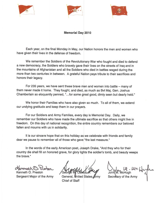 Senior Army Leader Memorial Day message