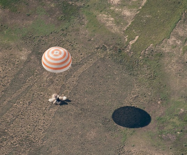 The Soyuz TMA-17 spacecraft lands near the town of Zhezkazgan, Kazakhstan, on June 2, 2010. NASA astronaut T.J. Creamer, Russian cosmonaut Oleg Kotov and Japanese astronaut Soichi Noguchi are returning from six months onboard the International...
