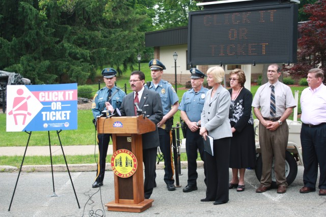 PICATINNY ARSENAL, N.J. - Raymond P. Martinez, acting chief administrator, New Jersey Motor Vehicle Commission, addresses the media during a press conference May 24 launching the beginning of the statewide Click it or Ticket program. More than...