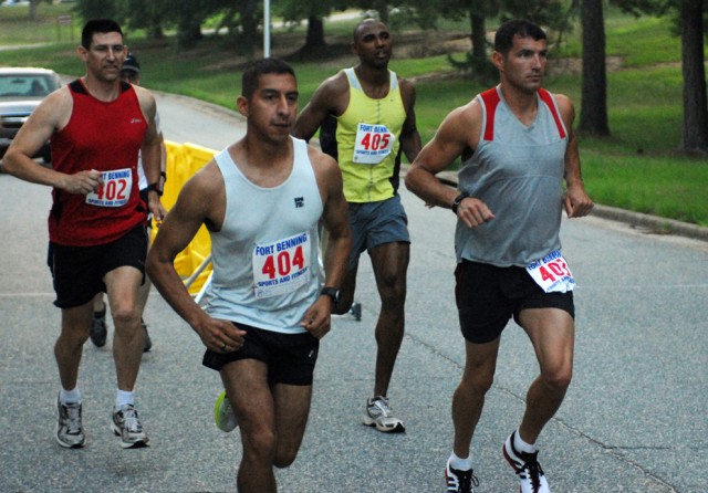 James Mahurin (402), Lear Riojas (405), David Reyes (404) and Joshua Horsager (403) take off at the Army Ten-Miler Fort Benning team qualifier June 25 at Sand Hill.  There are two more opportunities to try out for the Fort Benning team.  The final tw...