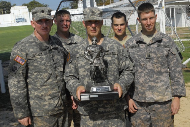 The headquarters team - from left, LTC Thomas Sheehan, CPT Chad Chapman, 1SG Alan Barton, CPT Colin Reutinger and CPT Thomas Schlichter - captured first place June 25 at the second quarterly CSM Physical Fitness Challenge, which featured cadre...