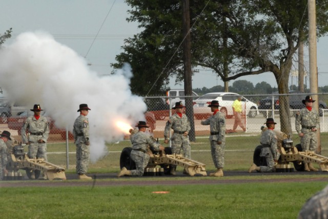 FORT HOOD, Texas- The salute battery from 2nd Battalion, 82nd Field Artillery Regiment, 3rd Brigade Combat Team, 1st Cavalry Division, fires a single volley for each state during the fifty-gun salute to the Union during Fort Hood's Freedom...